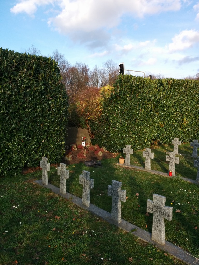 Der Zwangsarbeiter-Gedenkstein in einer Heckenlücke, davor: Gräber deutscher Nazis